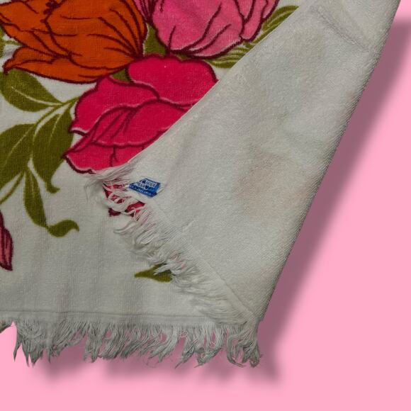 Vintage 60s Sun Glow Fuchsia Pink Orange Floral Bath Towel Set Pair Made in USA - Picture 6 of 13